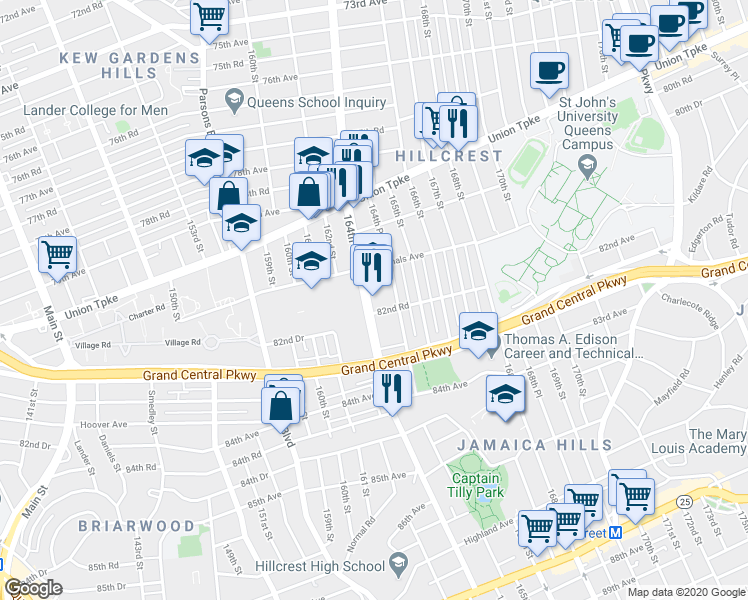 map of restaurants, bars, coffee shops, grocery stores, and more near 82-12 164th Place in Queens
