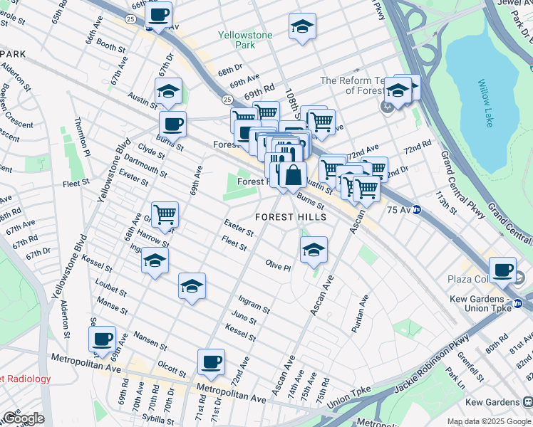 map of restaurants, bars, coffee shops, grocery stores, and more near 59 71st Avenue in Queens
