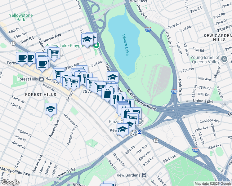 map of restaurants, bars, coffee shops, grocery stores, and more near 75-24 Grand Central Parkway in Queens