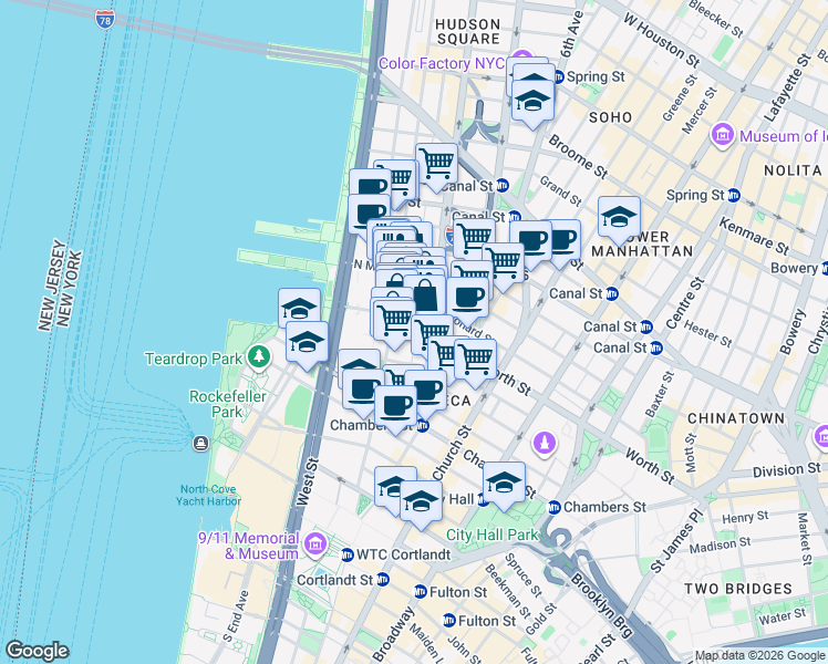map of restaurants, bars, coffee shops, grocery stores, and more near 361 Greenwich Street in New York