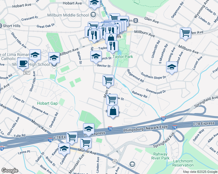 map of restaurants, bars, coffee shops, grocery stores, and more near 186 Main Street in Essex County