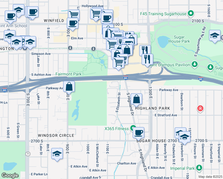 map of restaurants, bars, coffee shops, grocery stores, and more near 2400 South Elizabeth Street in Salt Lake City