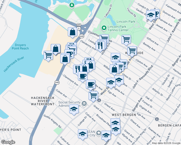 map of restaurants, bars, coffee shops, grocery stores, and more near 367 Virginia Avenue in Jersey City