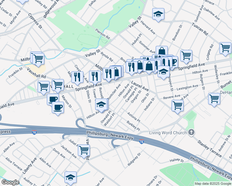 map of restaurants, bars, coffee shops, grocery stores, and more near 275 Montclair Avenue in Union