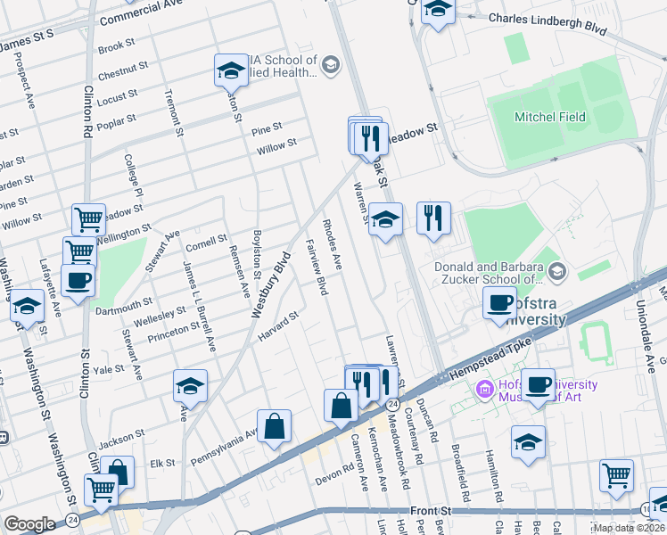 map of restaurants, bars, coffee shops, grocery stores, and more near 230 Fairview Boulevard in Hempstead