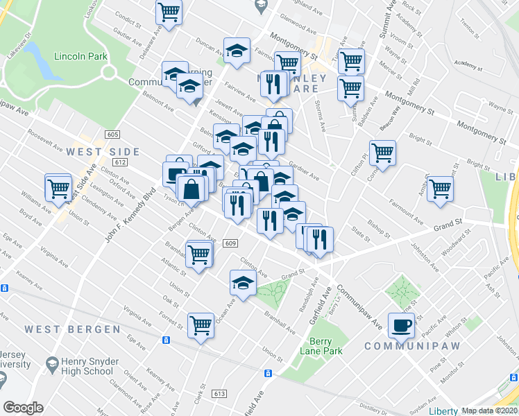 map of restaurants, bars, coffee shops, grocery stores, and more near 110 Monticello Avenue in Jersey City