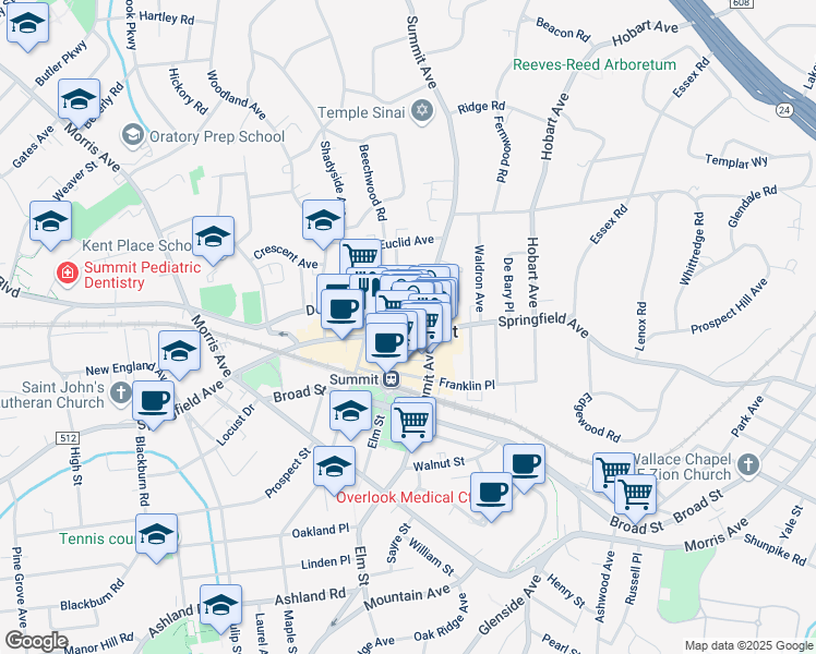 map of restaurants, bars, coffee shops, grocery stores, and more near 4 Deforest Avenue in Summit