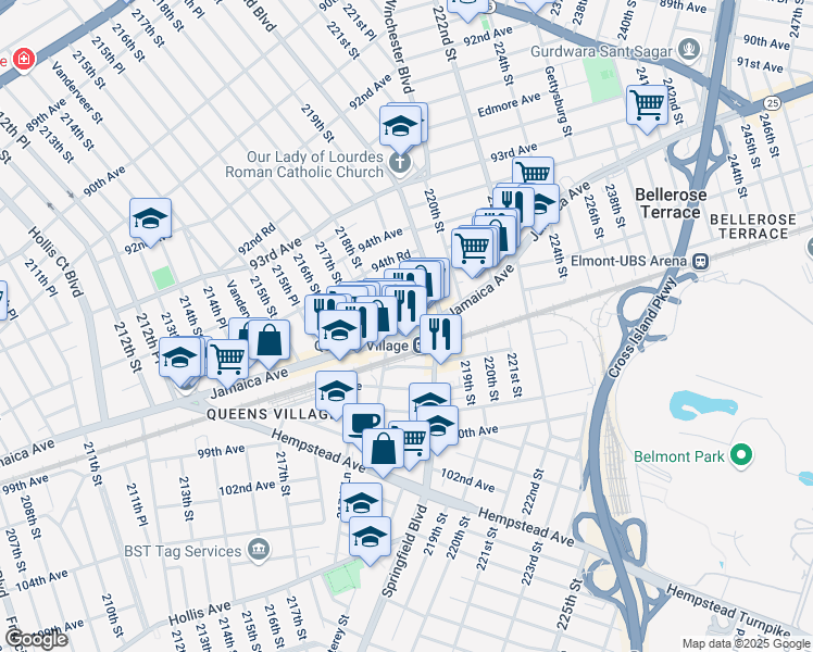 map of restaurants, bars, coffee shops, grocery stores, and more near 94-66 219th Street in Queens