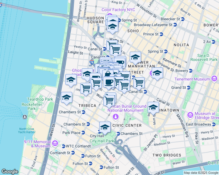 map of restaurants, bars, coffee shops, grocery stores, and more near Church St & Franklin St in New York
