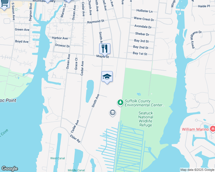 map of restaurants, bars, coffee shops, grocery stores, and more near 301 Smith Avenue in Islip