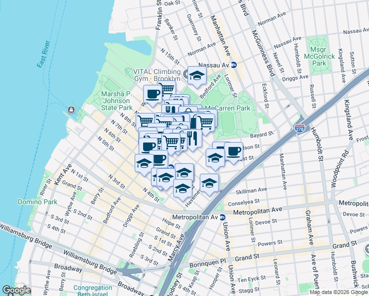 map of restaurants, bars, coffee shops, grocery stores, and more near Driggs Avenue in Brooklyn