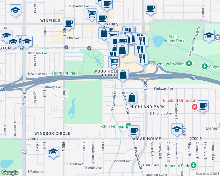 map of restaurants, bars, coffee shops, grocery stores, and more near 2410 South Highland Drive in Salt Lake City