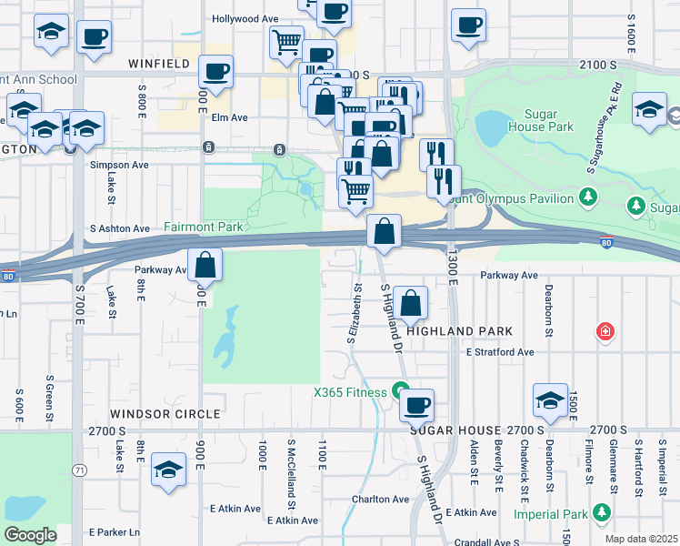 map of restaurants, bars, coffee shops, grocery stores, and more near 2420 South Highland Drive in Salt Lake City