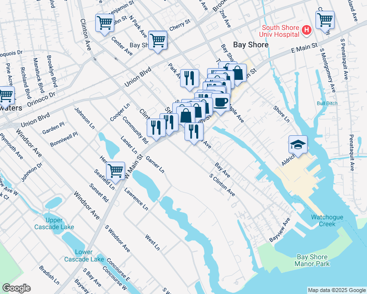 map of restaurants, bars, coffee shops, grocery stores, and more near 16 Bay Avenue in Bay Shore