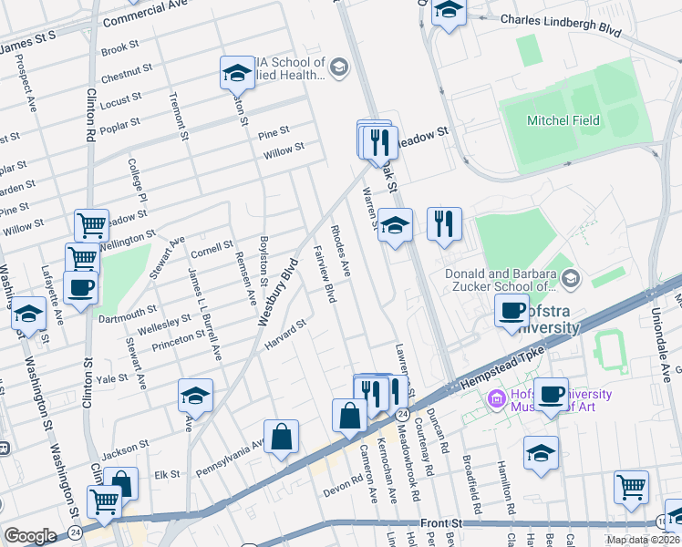 map of restaurants, bars, coffee shops, grocery stores, and more near 230 Fairview Boulevard in Hempstead