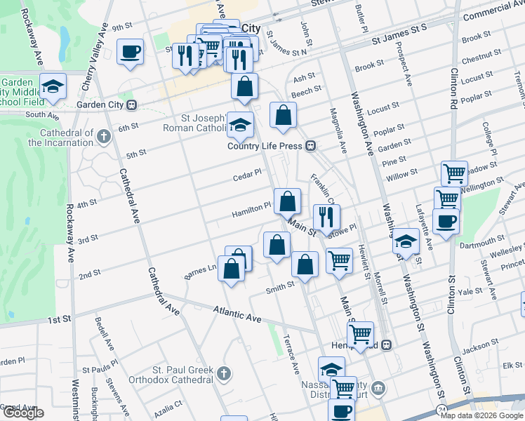 map of restaurants, bars, coffee shops, grocery stores, and more near 126 3rd Street in Garden City