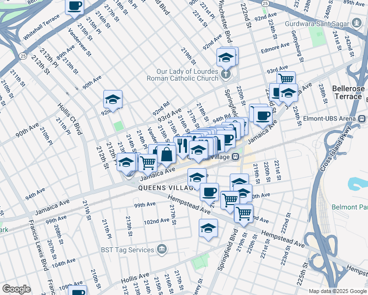 map of restaurants, bars, coffee shops, grocery stores, and more near 94-02 216th Street in Queens