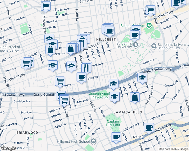 map of restaurants, bars, coffee shops, grocery stores, and more near 82-22 165th Street in Queens