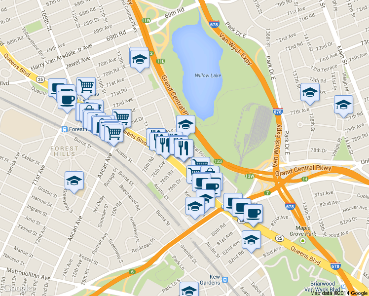 map of restaurants, bars, coffee shops, grocery stores, and more near 75-24 Grand Central Parkway in Queens