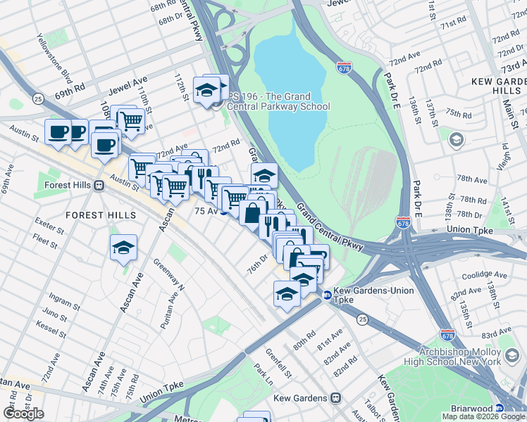 map of restaurants, bars, coffee shops, grocery stores, and more near 75-24 Grand Central Parkway in Queens
