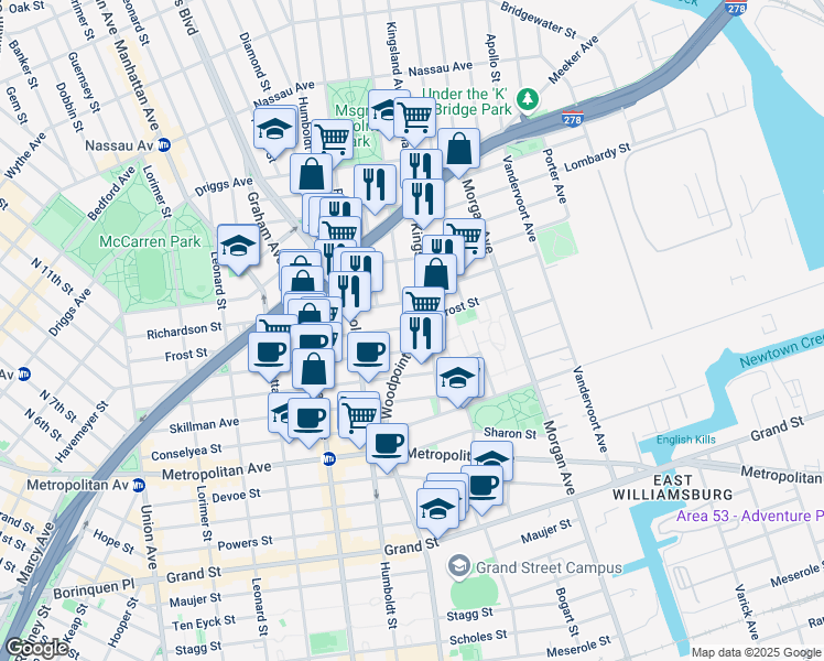 map of restaurants, bars, coffee shops, grocery stores, and more near 252 Richardson Street in Brooklyn