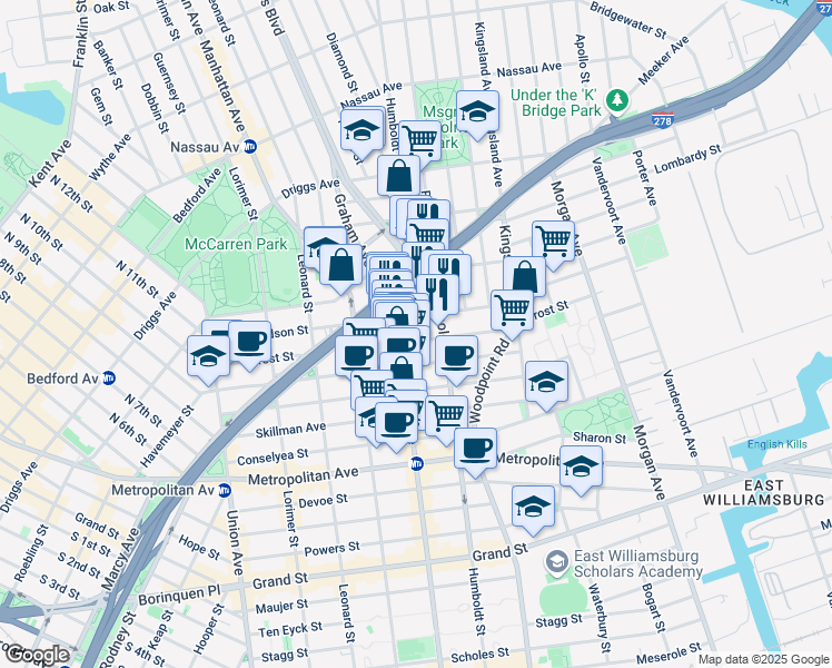 map of restaurants, bars, coffee shops, grocery stores, and more near 177 Richardson Street in Brooklyn