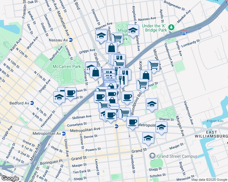 map of restaurants, bars, coffee shops, grocery stores, and more near 177 Richardson Street in Brooklyn