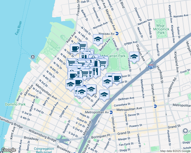 map of restaurants, bars, coffee shops, grocery stores, and more near 460 Driggs Avenue in Brooklyn