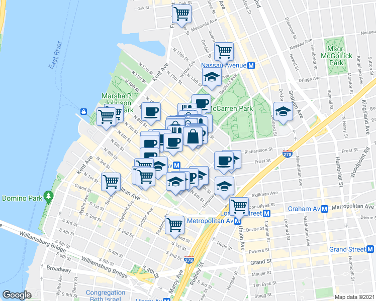 map of restaurants, bars, coffee shops, grocery stores, and more near 167 North 9th Street in Brooklyn