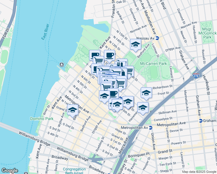 map of restaurants, bars, coffee shops, grocery stores, and more near 141 North 8th Street in Brooklyn