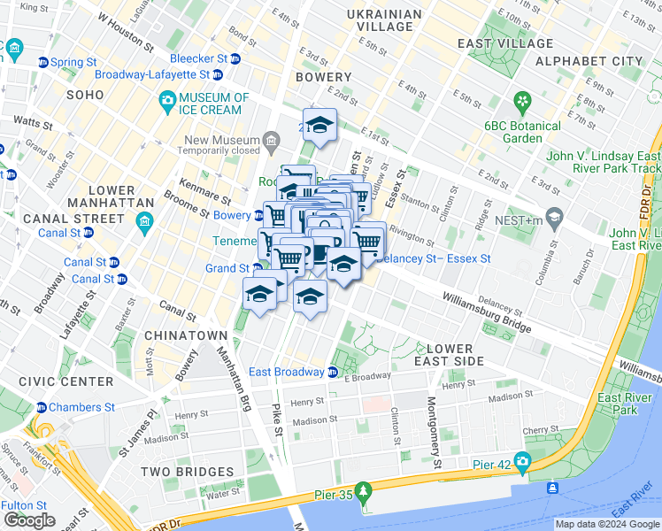 map of restaurants, bars, coffee shops, grocery stores, and more near 117 Orchard Street in New York