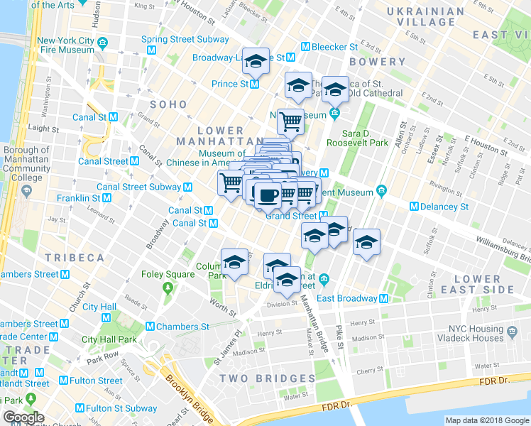 map of restaurants, bars, coffee shops, grocery stores, and more near 203 Grand Street in New York