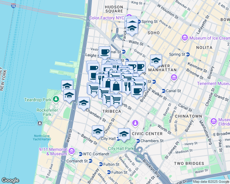 map of restaurants, bars, coffee shops, grocery stores, and more near in New York