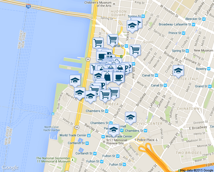map of restaurants, bars, coffee shops, grocery stores, and more near 162 Franklin Street in New York