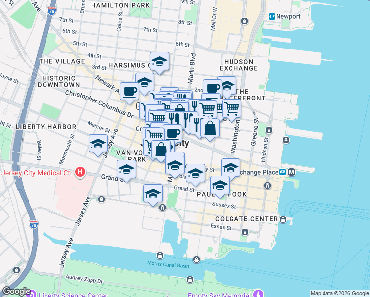 map of restaurants, bars, coffee shops, grocery stores, and more near in Jersey City