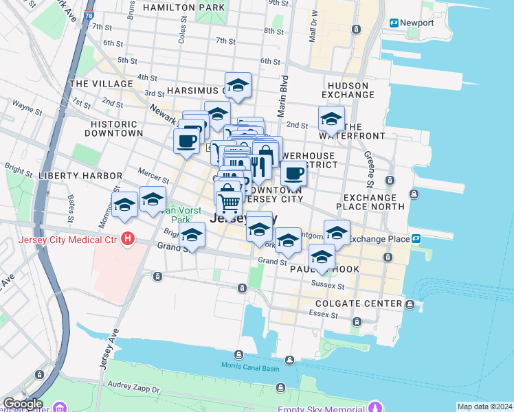 map of restaurants, bars, coffee shops, grocery stores, and more near in Jersey City