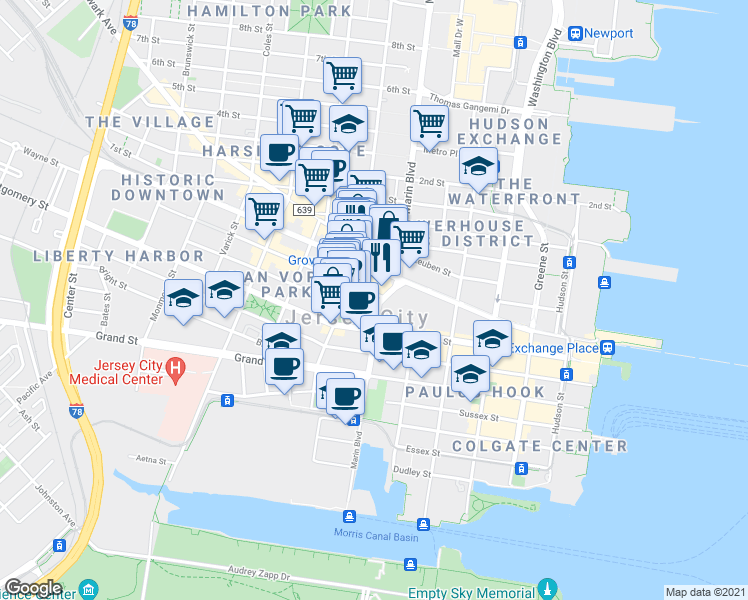 map of restaurants, bars, coffee shops, grocery stores, and more near in Jersey City
