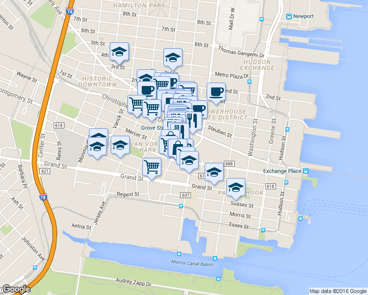 map of restaurants, bars, coffee shops, grocery stores, and more near 290 Grove Street in Jersey City