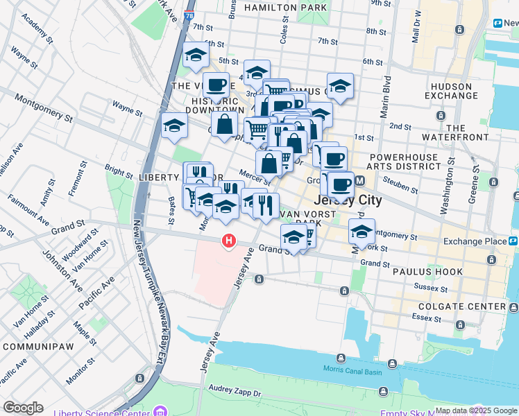 map of restaurants, bars, coffee shops, grocery stores, and more near 304 Varick Street in Jersey City