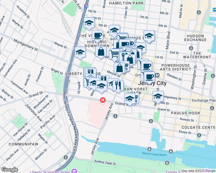 map of restaurants, bars, coffee shops, grocery stores, and more near 304 Varick Street in Jersey City