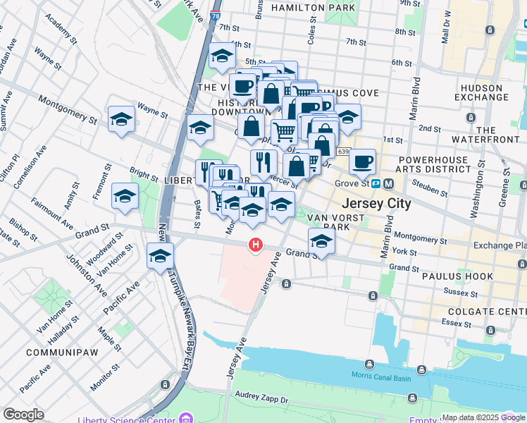 map of restaurants, bars, coffee shops, grocery stores, and more near 327-351 Montgomery Street in Jersey City