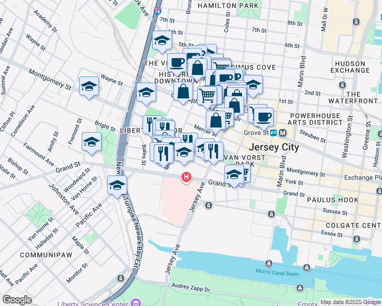 map of restaurants, bars, coffee shops, grocery stores, and more near in Jersey City