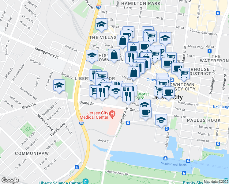 map of restaurants, bars, coffee shops, grocery stores, and more near in Jersey City