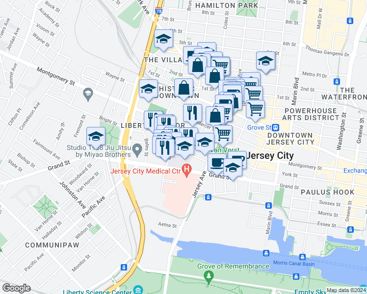 map of restaurants, bars, coffee shops, grocery stores, and more near in Jersey City