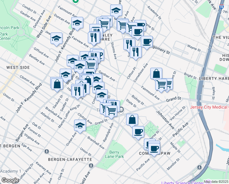 map of restaurants, bars, coffee shops, grocery stores, and more near 21 Belmont Avenue in Jersey City
