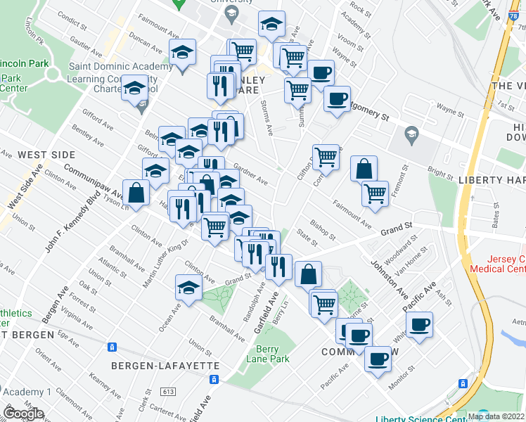 map of restaurants, bars, coffee shops, grocery stores, and more near 21 Belmont Avenue in Jersey City
