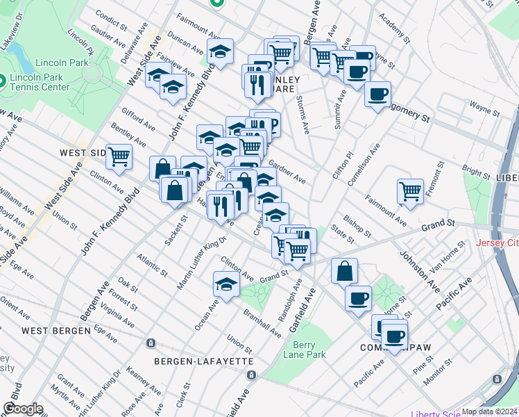 map of restaurants, bars, coffee shops, grocery stores, and more near 92A Astor Place in Jersey City