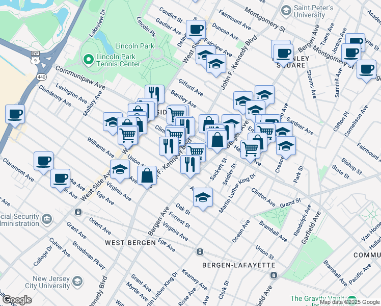 map of restaurants, bars, coffee shops, grocery stores, and more near in Jersey City
