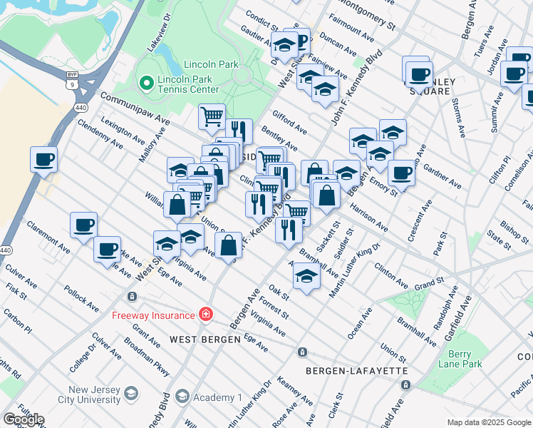 map of restaurants, bars, coffee shops, grocery stores, and more near 193 Clinton Avenue in Jersey City