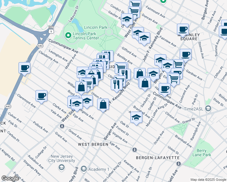 map of restaurants, bars, coffee shops, grocery stores, and more near 90 Lexington Avenue in Jersey City